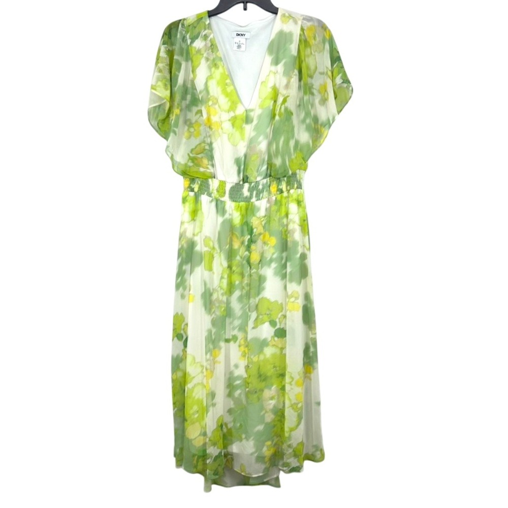 Dkny Green and Yellow Floral High Waisted  Midi Dress